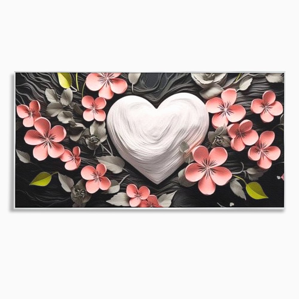 Tablou canvas cu tablou canvas cu inima alba si flori roz, in rama de aluminiu argintiu